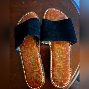 Black Suede Slide Sandals with Brown Sole